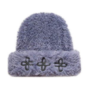 custom fluffy faux fur cuffed beanie with triple four leaf motif embroidery