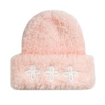 custom fluffy faux fur cuffed beanie with triple four leaf motif embroidery