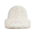 custom fluffy faux fur cuffed beanie with triple four leaf motif embroidery