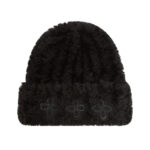 custom fluffy faux fur cuffed beanie with triple four leaf motif embroidery