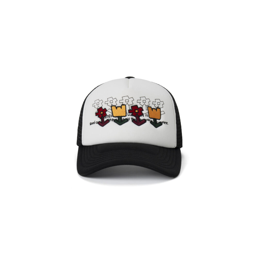 custom foam trucker cap with floral embroidery
