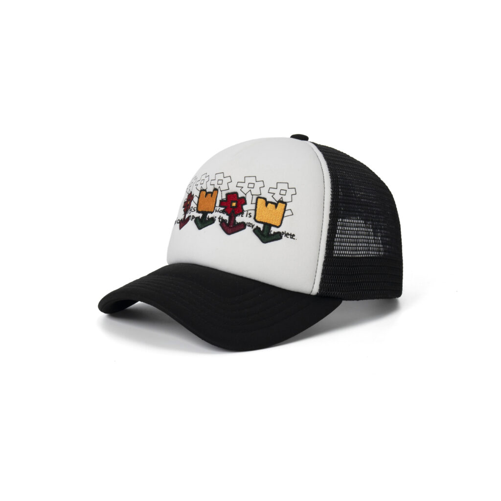 custom foam trucker cap with floral embroidery