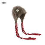custom full shaggy grey fuzzy fur lined ear protection hat, two long red mixed confetti iridescent thread hand braided tassels, inner sew brand paper tag y2k winter party hat