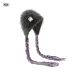custom full shaggy grey fuzzy fur lined ear protection hat, two long red mixed confetti iridescent thread hand braided tassels, inner sew brand paper tag y2k winter party hat