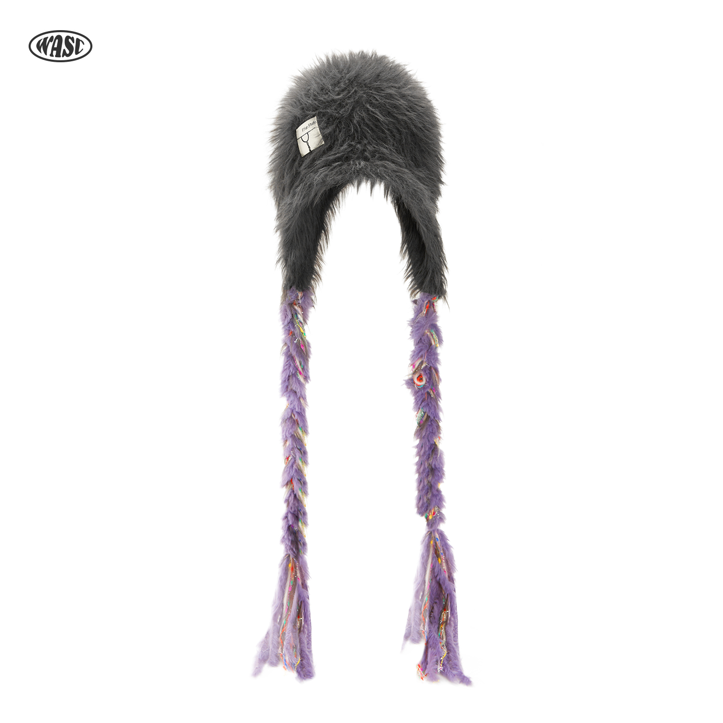 custom full shaggy grey fuzzy fur lined ear protection hat, two long red mixed confetti iridescent thread hand braided tassels, inner sew brand paper tag y2k winter party hat