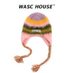 custom gradient striped fuzzy earflap hat with braided tassels & woven label