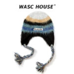 custom gradient striped fuzzy earflap hat with braided tassels & woven label