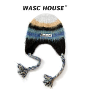 custom gradient striped fuzzy earflap hat with braided tassels & woven label