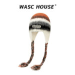 custom gradient striped fuzzy earflap hat with braided tassels & woven label