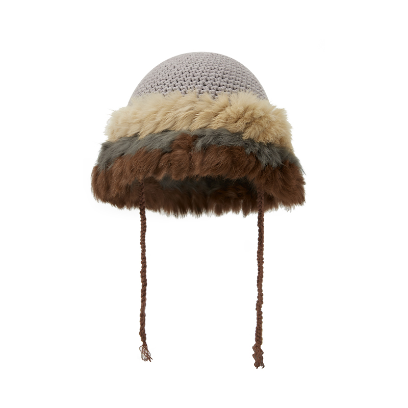 custom hand crochet bucket hat multi layer faux fur brim with braided drawstring tassels