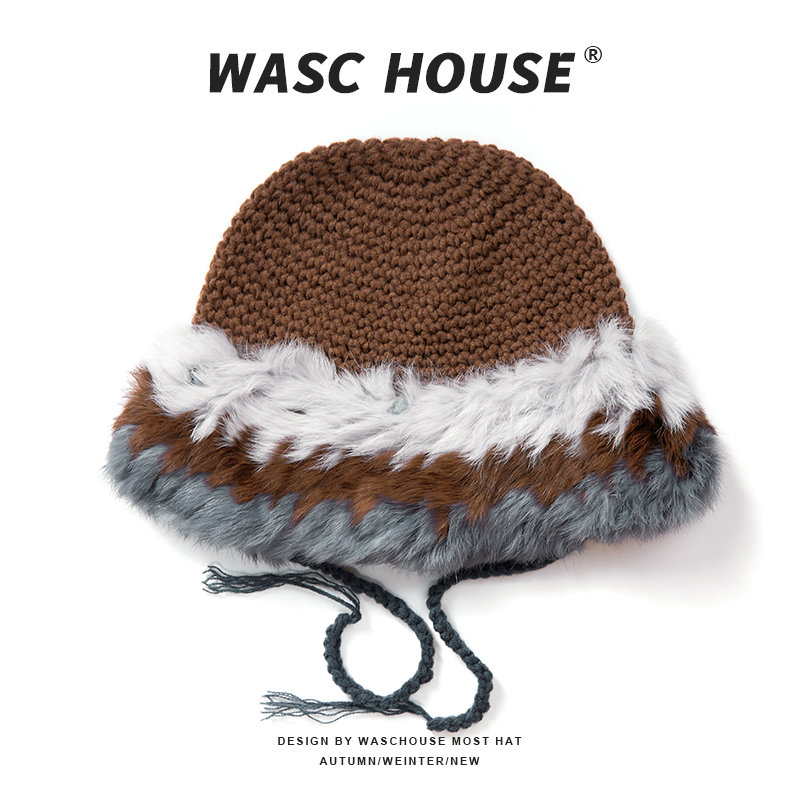 custom hand crochet bucket hat multi layer faux fur brim with braided drawstring tassels
