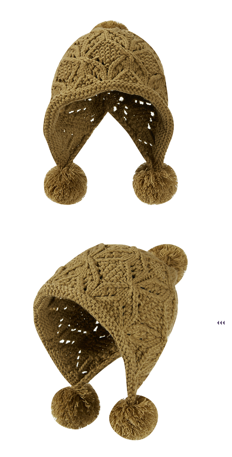 custom khaki hollow diamond cable knitted ear protection hat, breathable open mesh stitch, top & dual ear flap fluffy pom pom winter casual hat