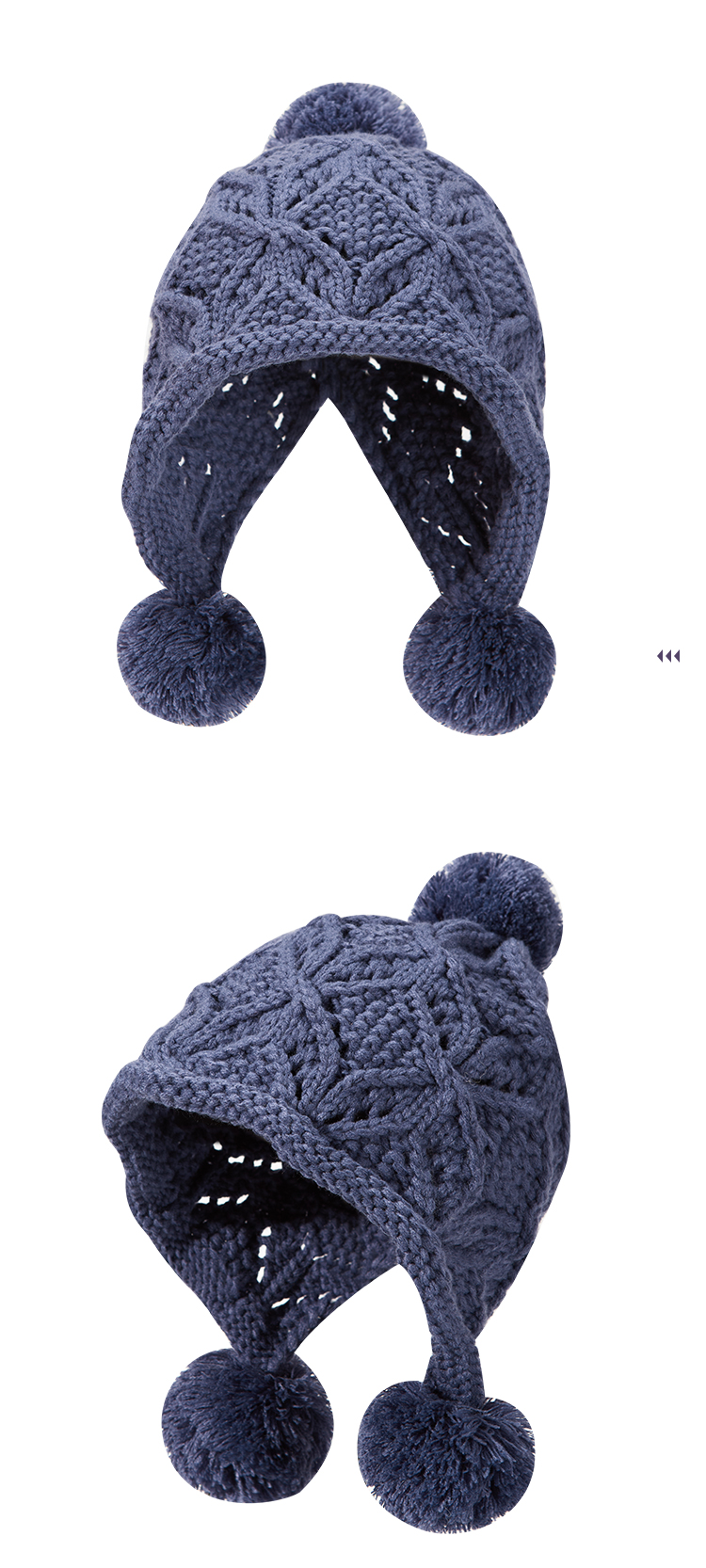 custom khaki hollow diamond cable knitted ear protection hat, breathable open mesh stitch, top & dual ear flap fluffy pom pom winter casual hat