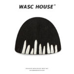 custom marled grey fuzzy wool blend vertical rib skull cap, hand sewn raised off white abstract irregular strip embroidery, no cuff slim fit minimal art winter hat