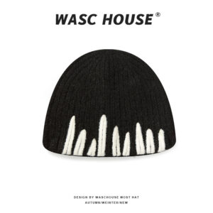 custom marled grey fuzzy wool blend vertical rib skull cap, hand sewn raised off white abstract irregular strip embroidery, no cuff slim fit minimal art winter hat