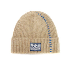 custom marled rib cuffed beanie decorative contrast stitch seam & square printed patch