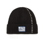 custom marled rib cuffed beanie decorative contrast stitch seam & square printed patch