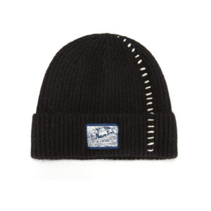 custom marled rib cuffed beanie decorative contrast stitch seam & square printed patch