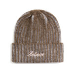 custom marled vertical rib knit cuffed beanie cursive script letter embroidery