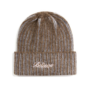 custom marled vertical rib knit cuffed beanie cursive script letter embroidery