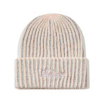 custom marled vertical rib knit cuffed beanie cursive script letter embroidery
