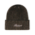 custom marled vertical rib knit cuffed beanie cursive script letter embroidery