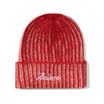 custom marled vertical rib knit cuffed beanie cursive script letter embroidery