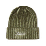 custom marled vertical rib knit cuffed beanie cursive script letter embroidery