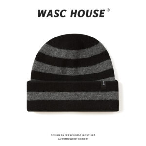 custom off white base thick black horizontal stripe super soft fuzzy wool mix skull cap, full matching stripe wide fold cuff, tiny side sew on black brand tag minimal french daily winter hat