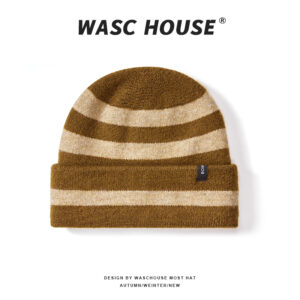 custom off white base thick black horizontal stripe super soft fuzzy wool mix skull cap, full matching stripe wide fold cuff, tiny side sew on black brand tag minimal french daily winter hat