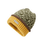 custom olive cream confetti speckle mixed yarn knitted skull cap, mustard yellow thick vertical rib fold cuff, dark brown crochet edge trim, private brand mini sew tag vintage winter hat