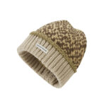 custom olive cream confetti speckle mixed yarn knitted skull cap, mustard yellow thick vertical rib fold cuff, dark brown crochet edge trim, private brand mini sew tag vintage winter hat