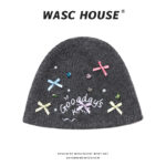 custom ribbed knit beanie with mini bow rhinestone pearl & letter embroidery