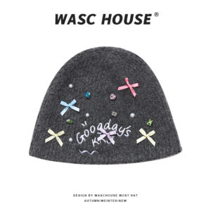custom ribbed knit beanie with mini bow rhinestone pearl & letter embroidery