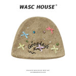 custom ribbed knit beanie with mini bow rhinestone pearl & letter embroidery