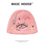 custom ribbed knit beanie with mini bow rhinestone pearl & letter embroidery