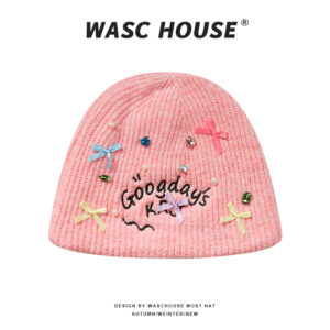 custom ribbed knit beanie with mini bow rhinestone pearl & letter embroidery