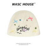 custom ribbed knit beanie with mini bow rhinestone pearl & letter embroidery