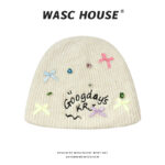 custom ribbed knit beanie with mini bow rhinestone pearl & letter embroidery