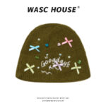 custom ribbed knit beanie with mini bow rhinestone pearl & letter embroidery