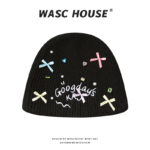 custom ribbed knit beanie with mini bow rhinestone pearl & letter embroidery