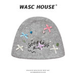 custom ribbed knit beanie with mini bow rhinestone pearl & letter embroidery