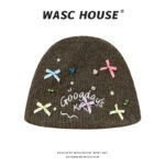custom ribbed knit beanie with mini bow rhinestone pearl & letter embroidery