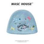custom ribbed knit beanie with mini bow rhinestone pearl & letter embroidery