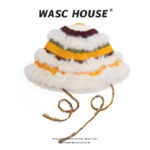custom round top multi tone hand crochet knitted bucket hat, creamlilacsky blue horizontal color block stripe, three layers orange long pile fur fringe, mixed confetti yarn chin tie strings y2k winter party hat