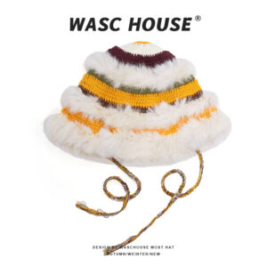 custom round top multi tone hand crochet knitted bucket hat, creamlilacsky blue horizontal color block stripe, three layers orange long pile fur fringe, mixed confetti yarn chin tie strings y2k winter party hat