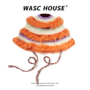 custom round top multi tone hand crochet knitted bucket hat, creamlilacsky blue horizontal color block stripe, three layers orange long pile fur fringe, mixed confetti yarn chin tie strings y2k winter party hat