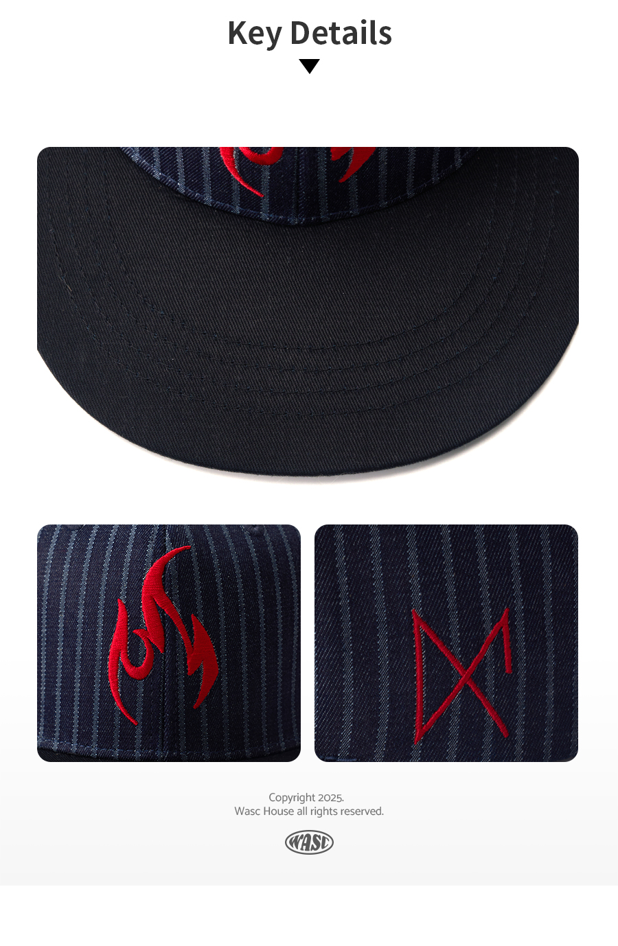 custom striped flat brim cap with flame embroidery