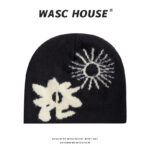 custom sun & abstract floral fuzzy knit beanie