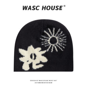 custom sun & abstract floral fuzzy knit beanie